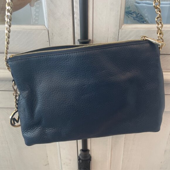 MICHAEL KORS JET SET CHAIN MESSENGER CROSSBODY LEATHER BLUE/GOLD PREOWNED - Picture 2 of 9